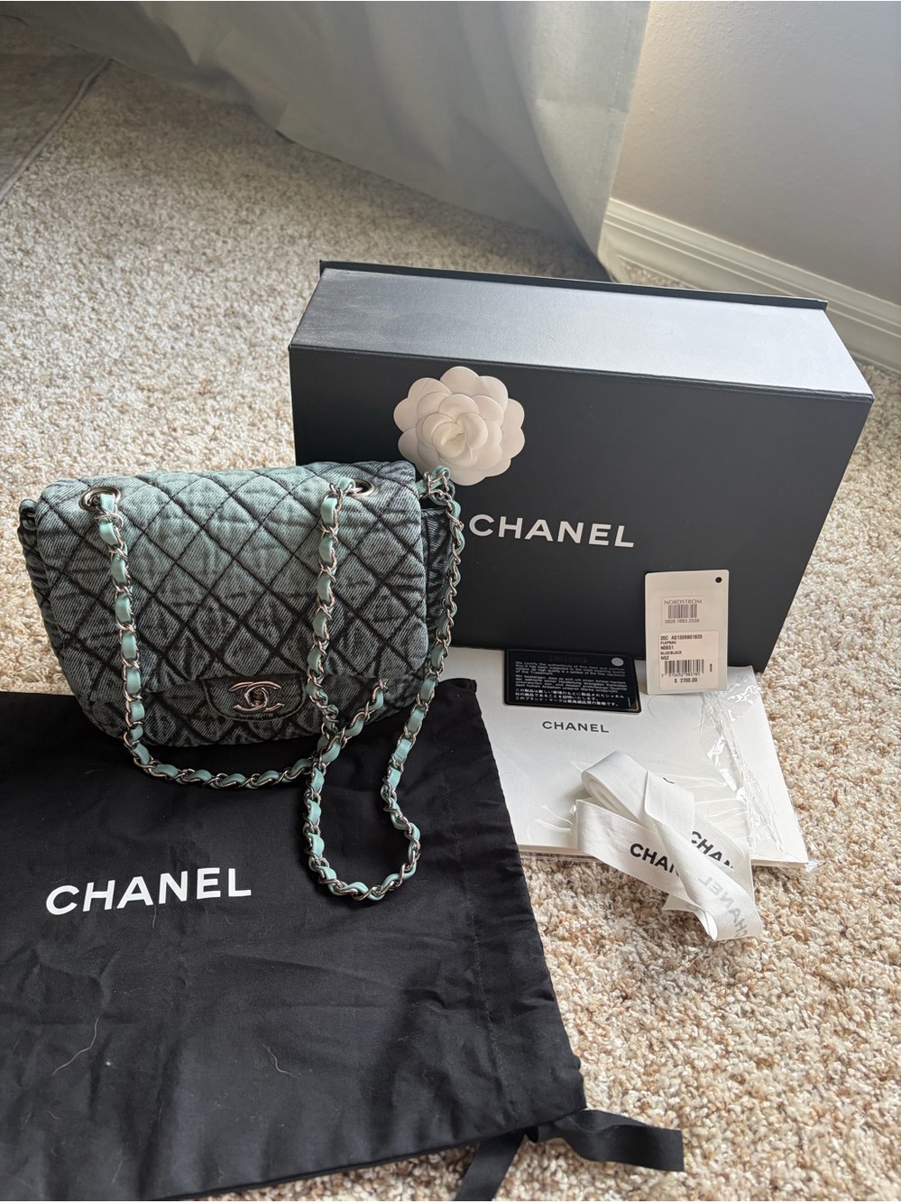 CHANEL denim Quilted Chain Shoulder Bag in Teal and Black
